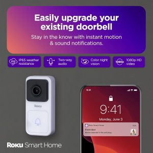 Roku Smart Home Wired Video Doorbell & Chime – 1080p HD Night Vision Ultrawide View Doorbell Camera with Motion & Sound Detection, 2-Way Audio & Works with Alexa & Google, 90-Day Subscription Included