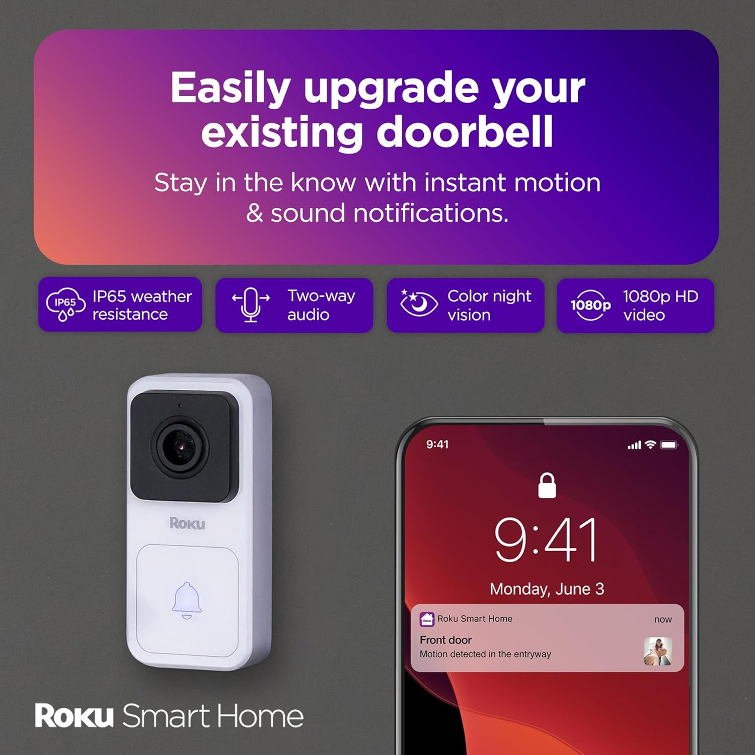 Roku Smart Home Wired Video Doorbell & Chime – 1080p HD Night Vision Ultrawide View Doorbell Camera with Motion & Sound Detection, 2-Way Audio & Works with Alexa & Google, 90-Day Subscription Included